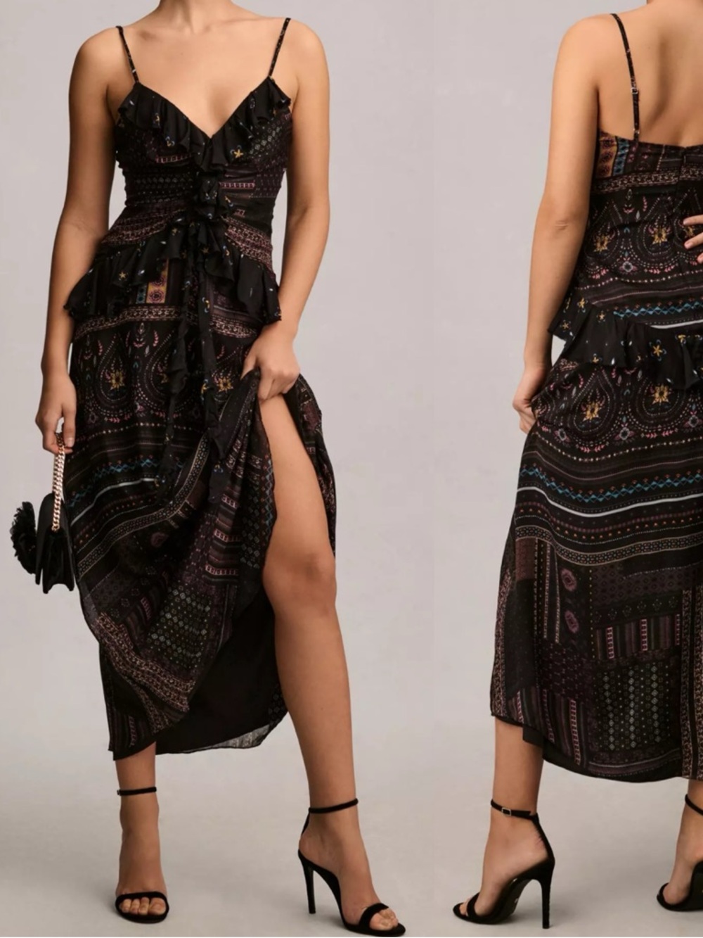 LET ME BE by Anthropologie Floral V-Neck Midi Maxi Satin Silky Gown Dress \\ S